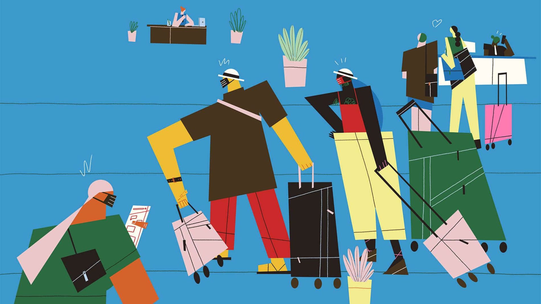 Illustration of people wearing masks waiting in an airport with suitcases