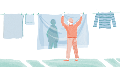 Illustration of a person hanging a sheet on the clothes line and seeing a shadow of a person