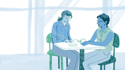 Illustration of two people sitting at a table talking about suicide bereavement