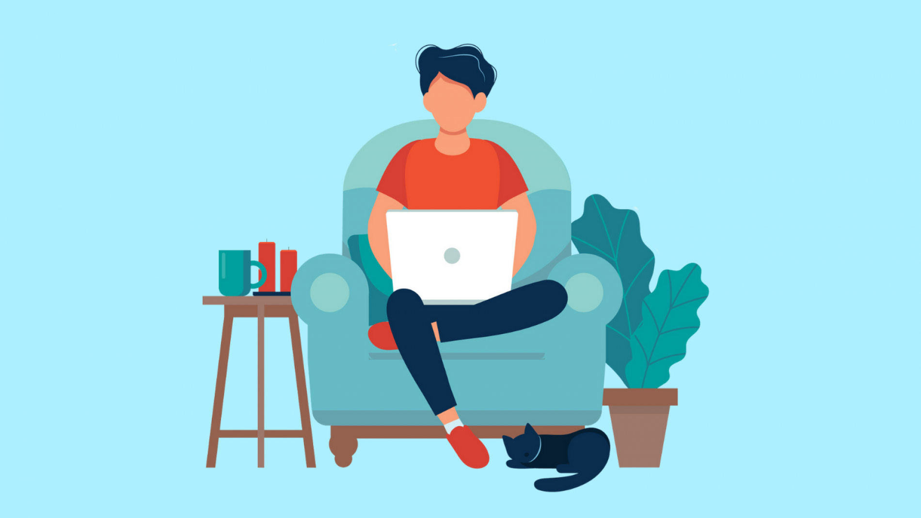 Illustration of a person sitting on a couch with a laptop on their knee