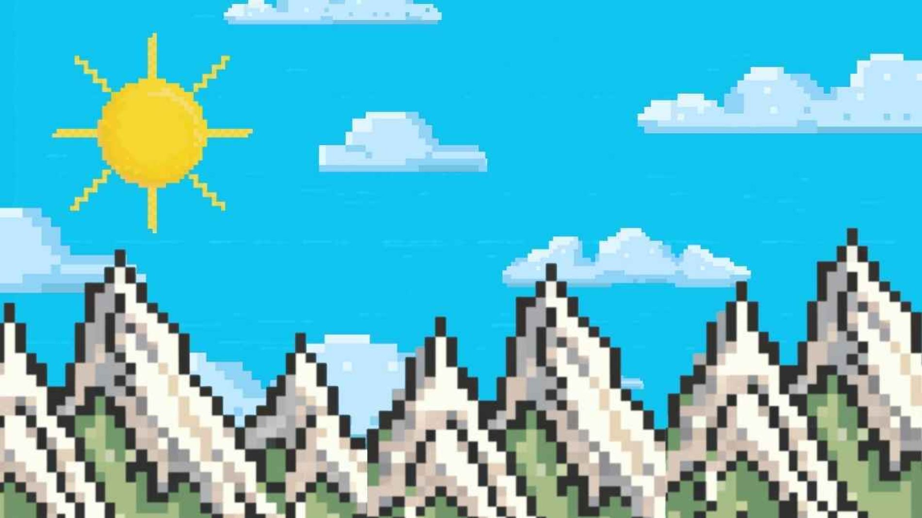 Pixel art style illustration of mountains clouds and sun