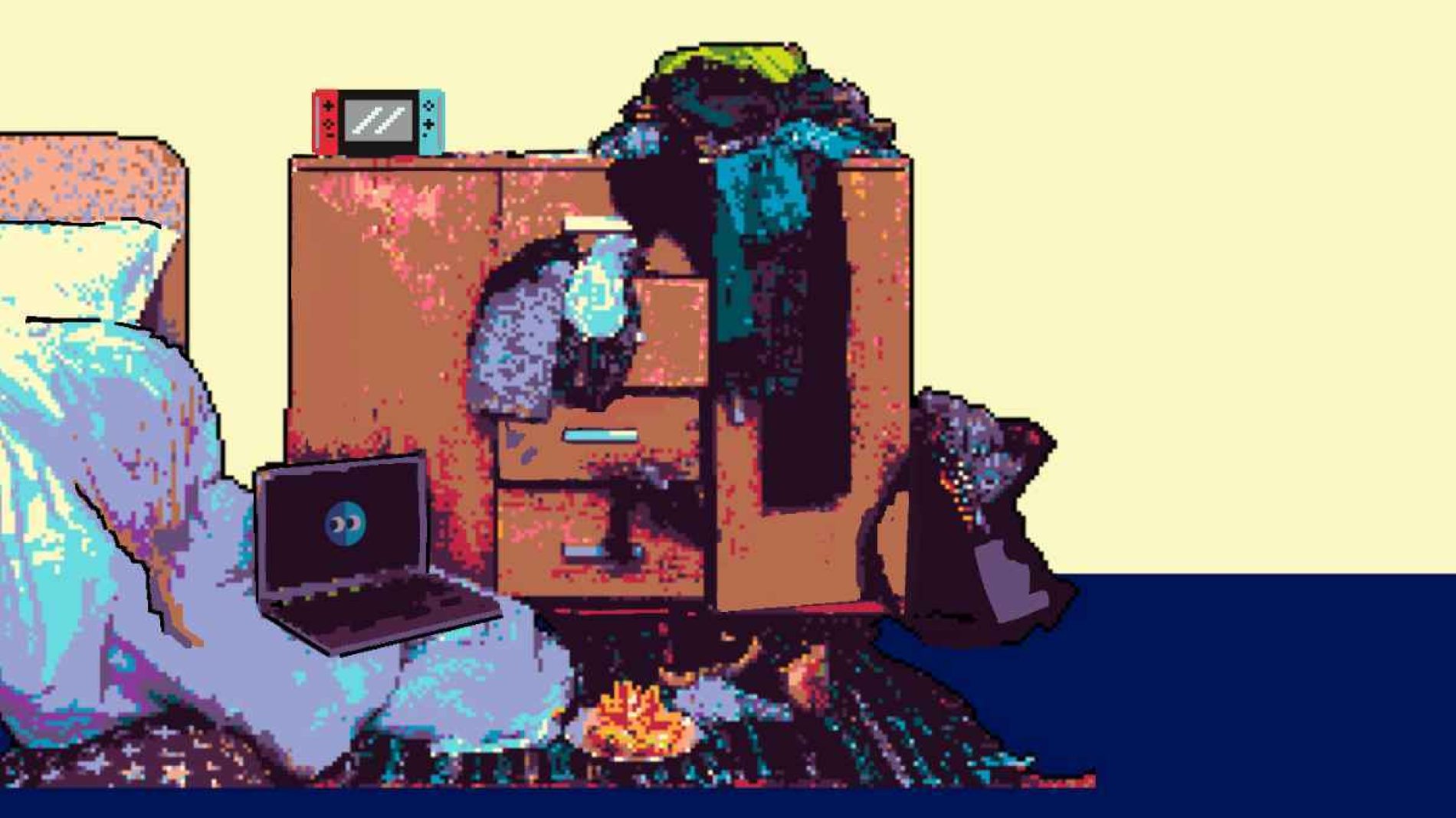 pixel art illustration of bedroom dresser with clothes on the floor.