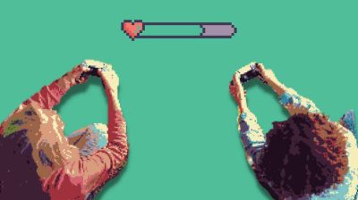pixel art illustration of two people playing video games