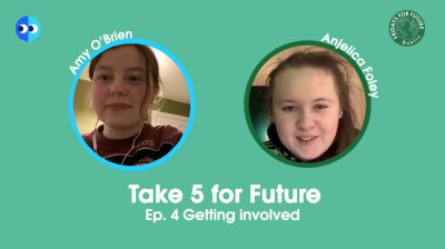 photos of two young people against a green background text reads 'take 5 for Future episode 4 getting involved