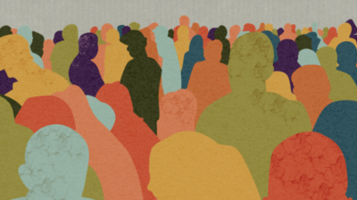 illustrated multi-colour silhouettes of people in crowd