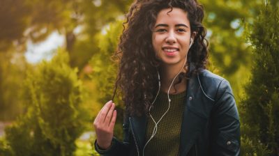 Young person outside listening to music