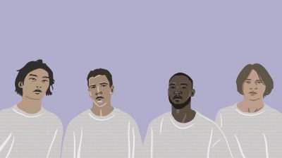 four young people of colour illustrated standing facing frame against a purple backdrop