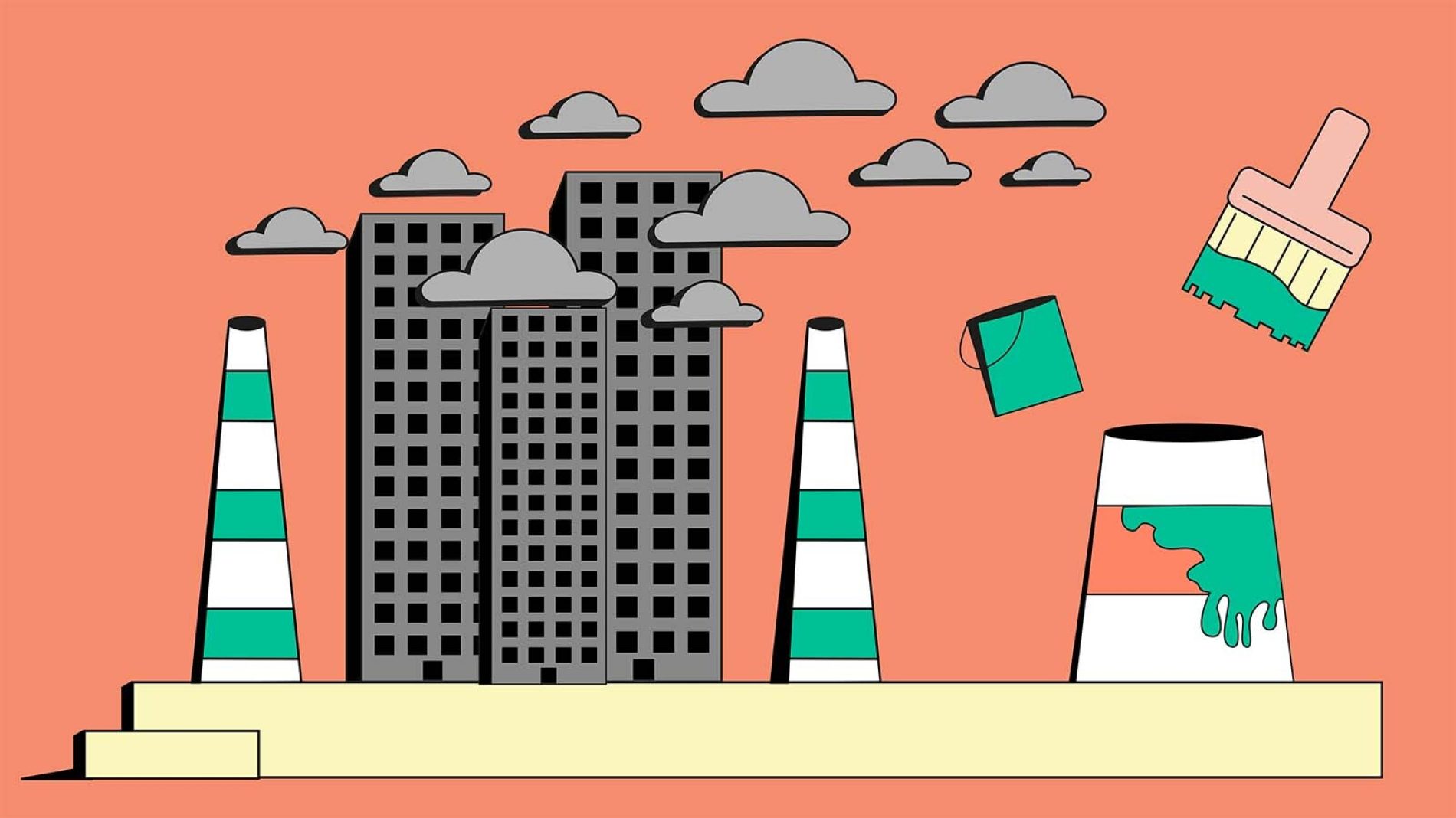 illustration of buildings, pollution and fossil fuel stacks