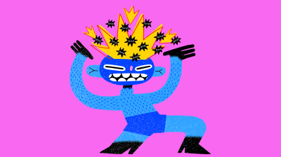 illustrated character with sparks and stars exploding from their head