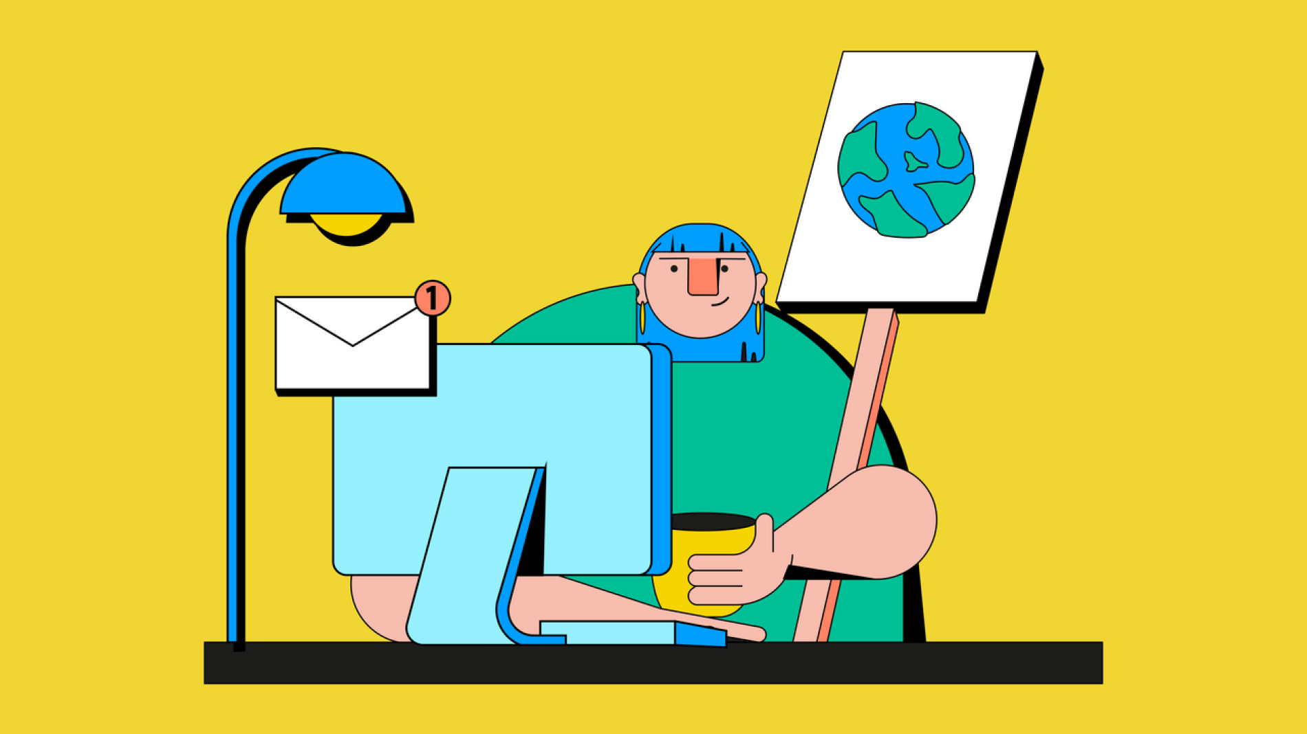 Illustration of a person in front of a computer while holding a sign with a drawing of the earth on it