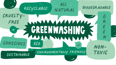 Illustration of the word greenwashing surrounded by buzzwords like 'eco friendly' 'biodegradable' 'sustainable' etc