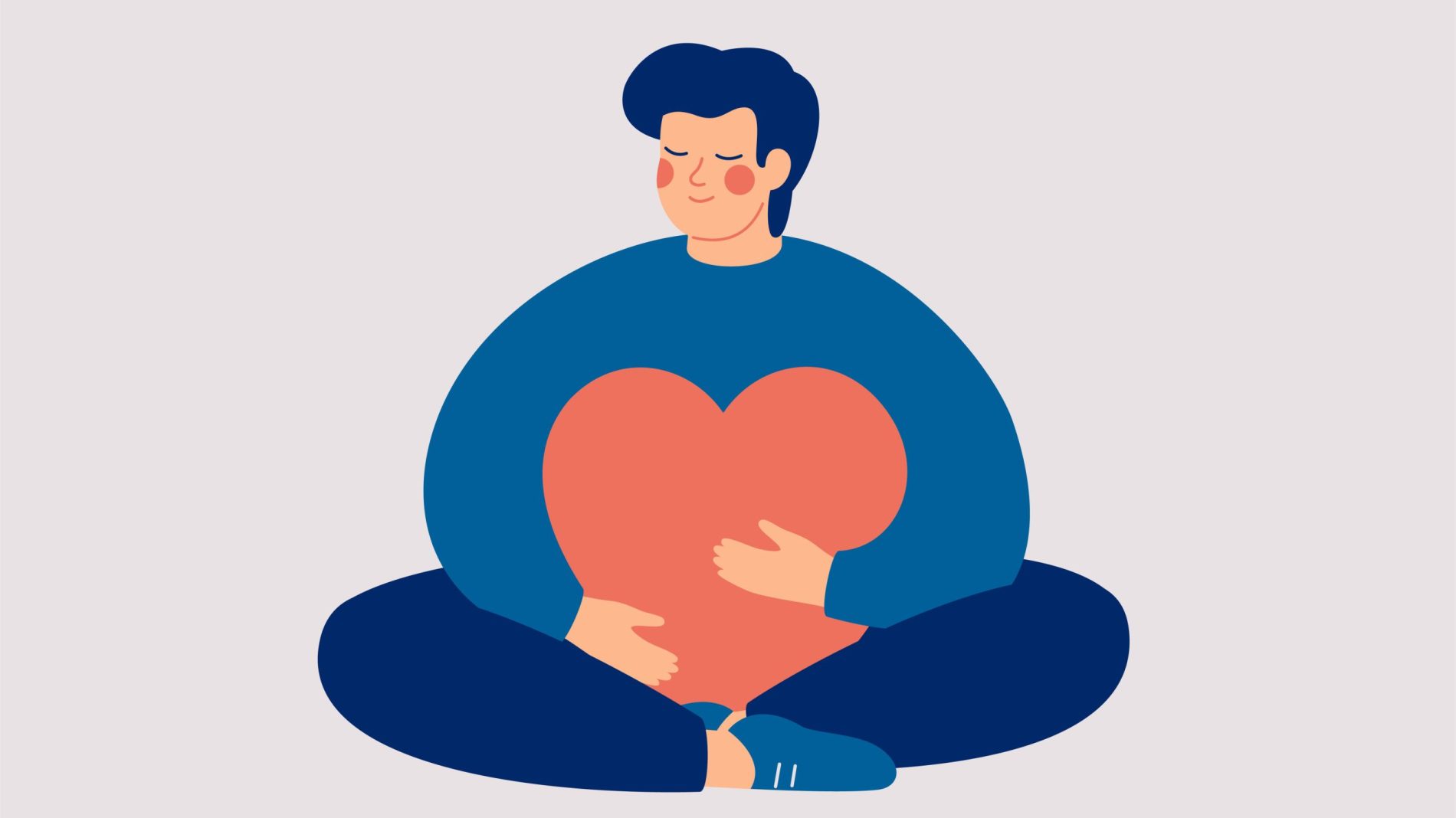 Young man embraces a big red heart with mindfulness and love. Smiling boy sits in lotus pose with closed eyes and enjoys his freedom and life. Body positive and mental health concept.