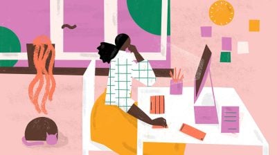Illustration of a person at a desk writing a cover letter