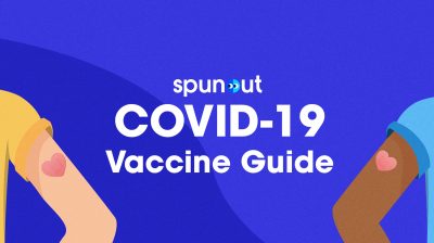 Illustration with two arms with a plaster each. Text reads: spunout COVID-19 Vaccine Guide