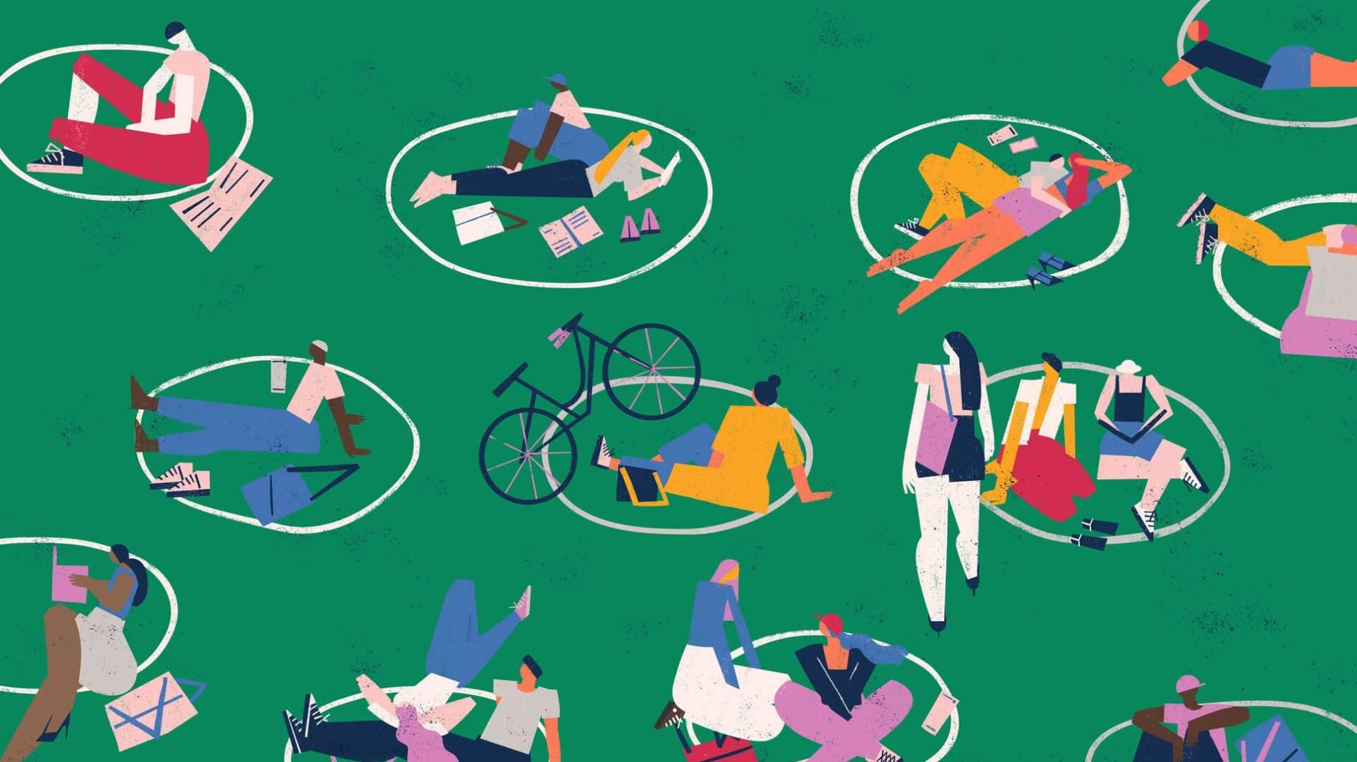 illustration of individuals and small groups of people sitting and lying on the grass following covid19 social distancing guidelines