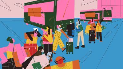 illustration of a group of people outside with suitcases as they wait for a flight - covid19 travel restrictions
