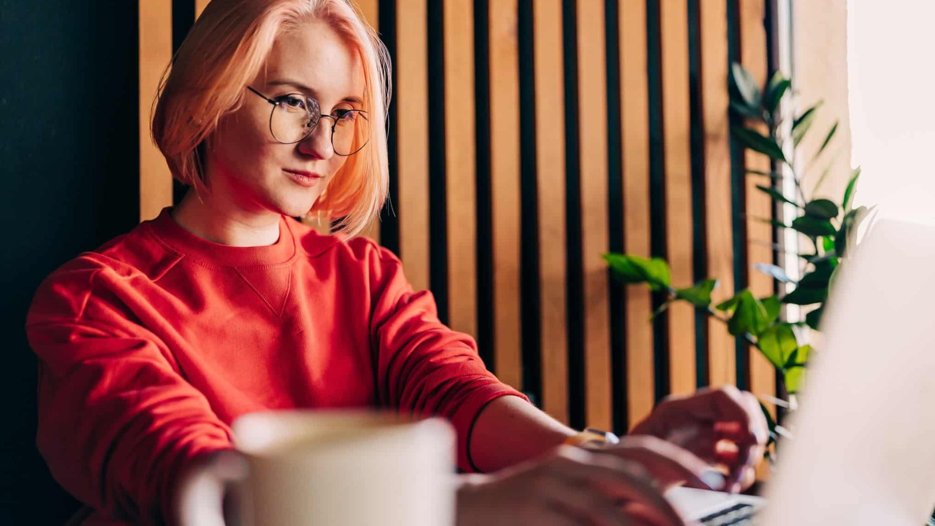 Photo of a young person sitting at their laptop with a mug and plant beside them - CV gap