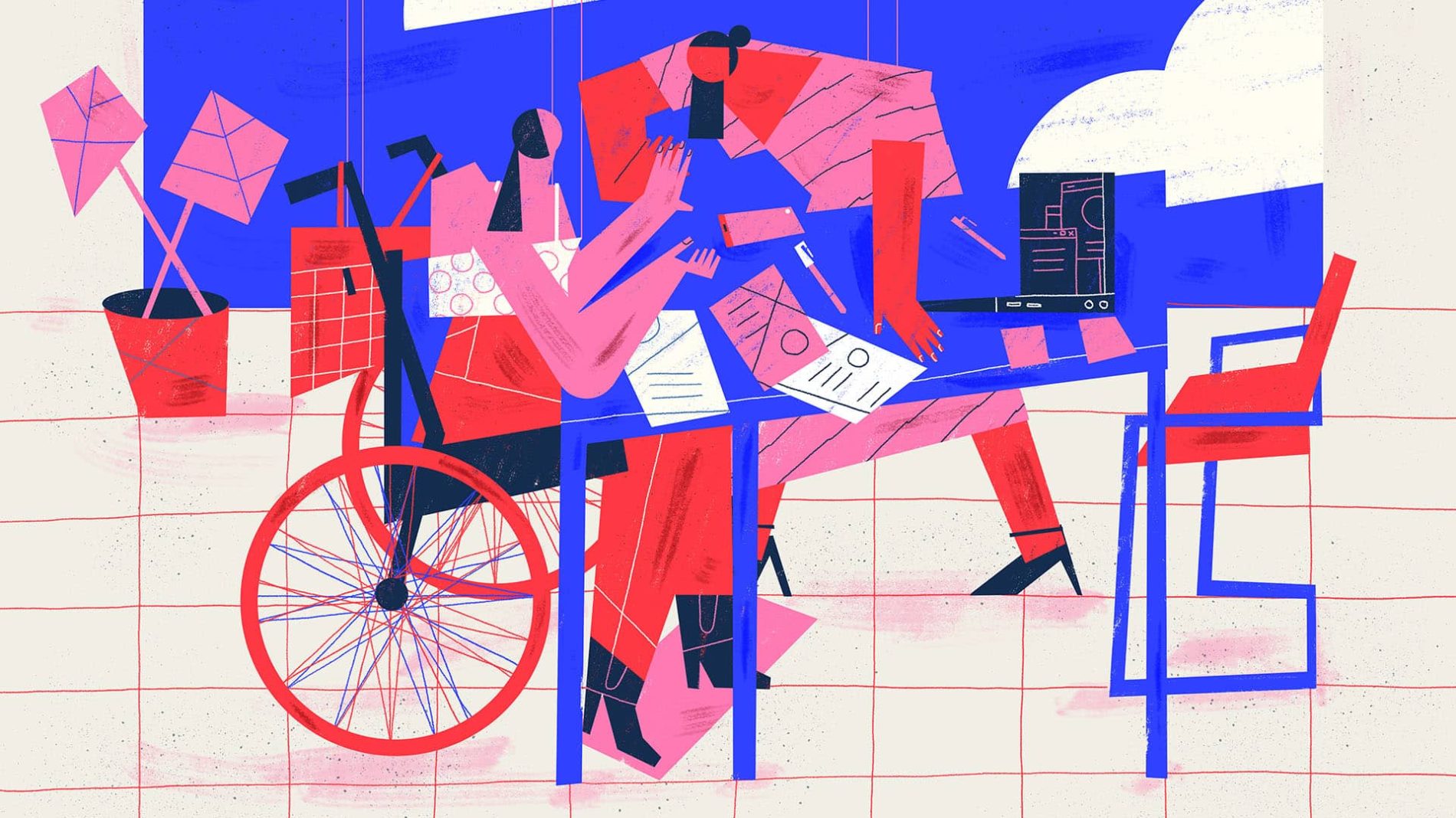 illustration of a person in a wheelchair working at a desk - employment support of people with disabilities
