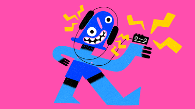 illustrated character listening to music on a tape deck