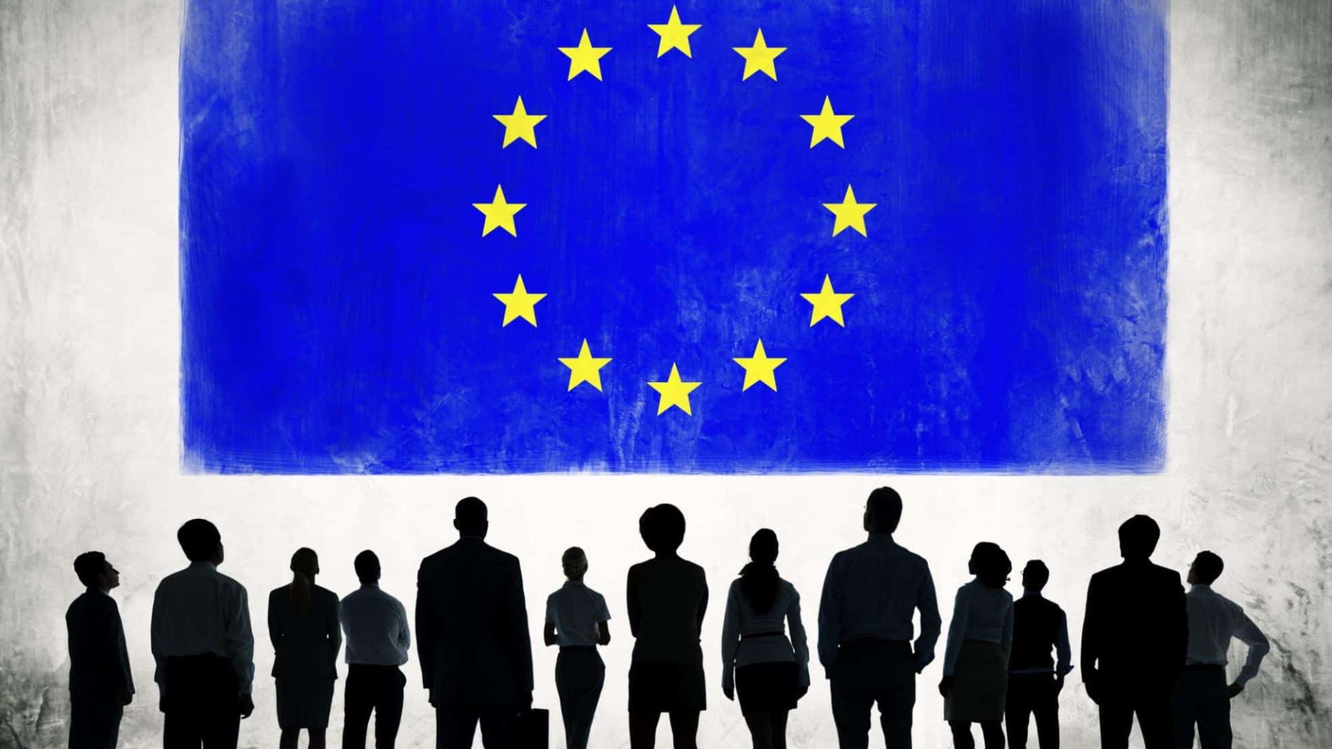 EU flag with employee silhouettes in front of it