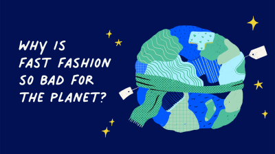Illustration of an earth made out of clothing items accompanied by the text reading why is fast fashion so bad for the planet?