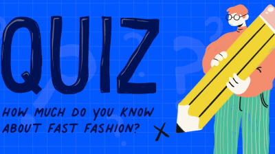 Illustration of a person holding a pencil next to the words 'QUIZ: how much do you know about fast fashion?