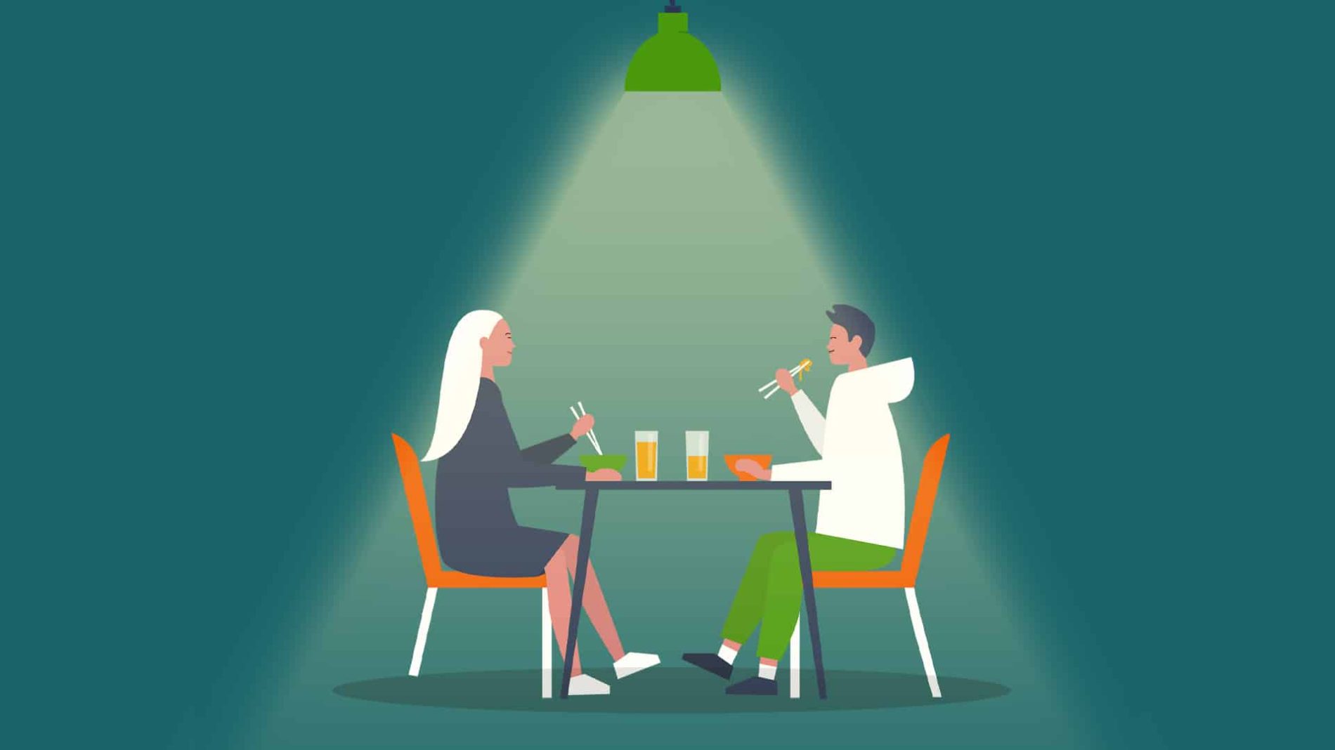 Illustration of two people sitting at a table having food and drinks together