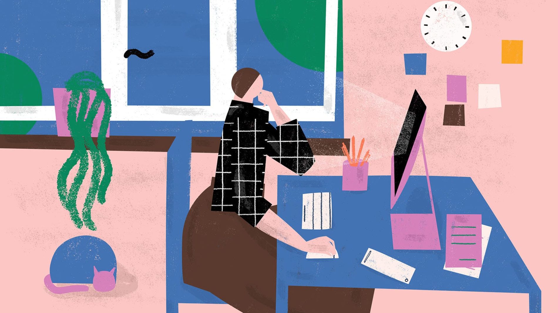 Illustration of a person sitting at a desk freelancing
