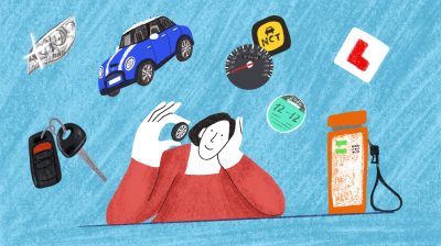 Illustration of a woman surrounded by a car, car keys, lights, wheels, learner plate and other car items
