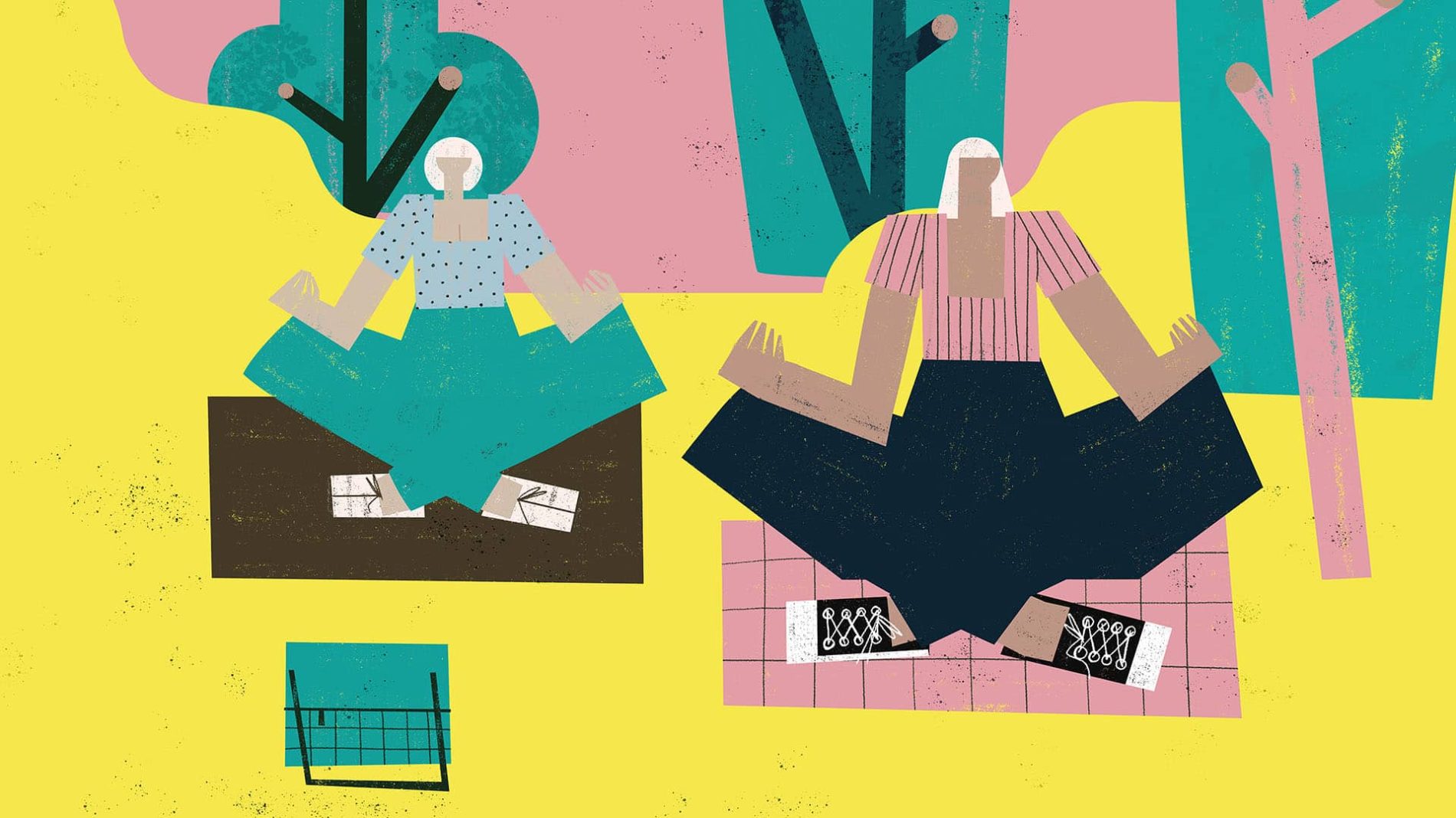 Illustration of two people doing outdoor yoga or meditation