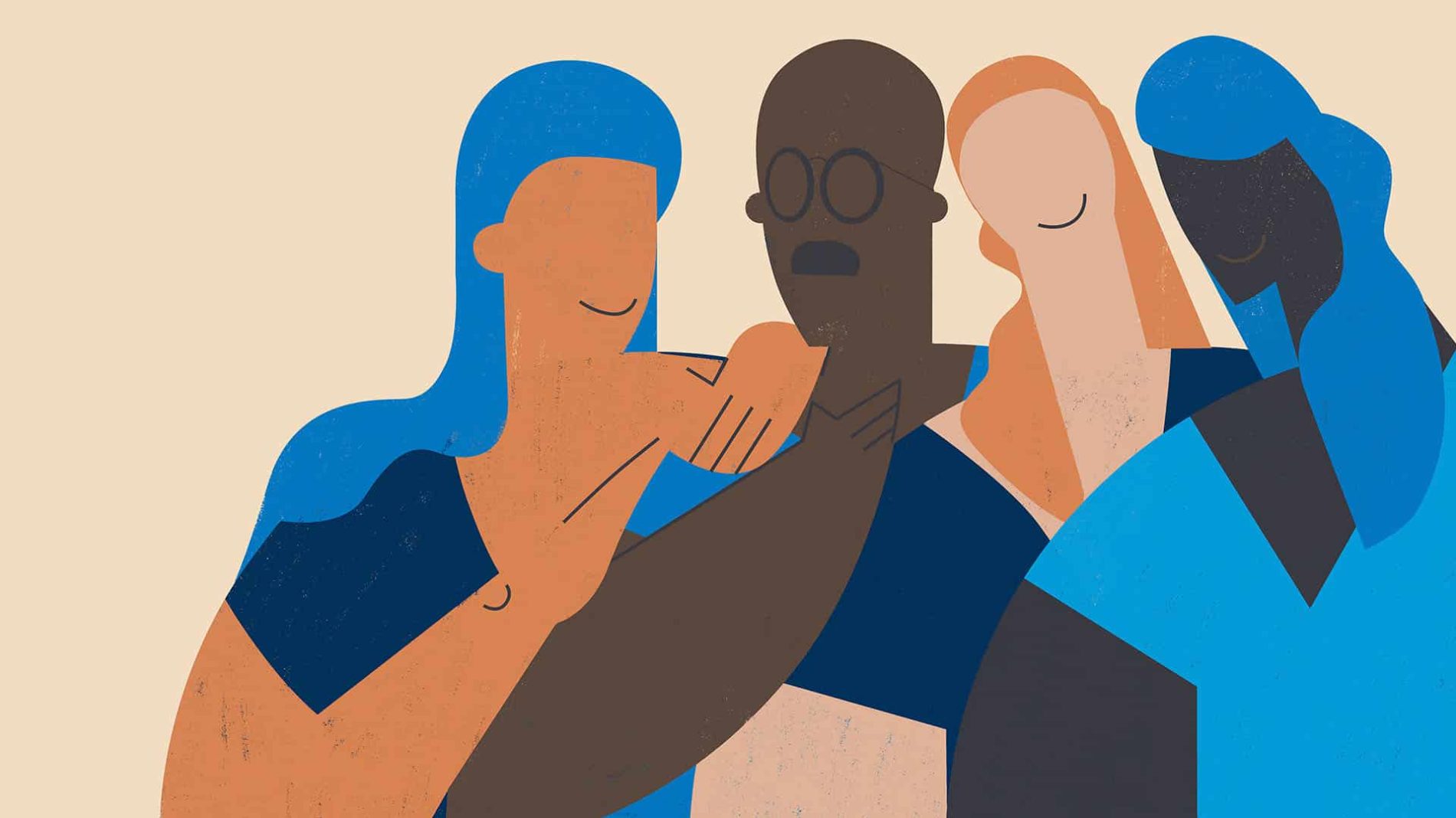 Illustration of a group of friends comforting someone