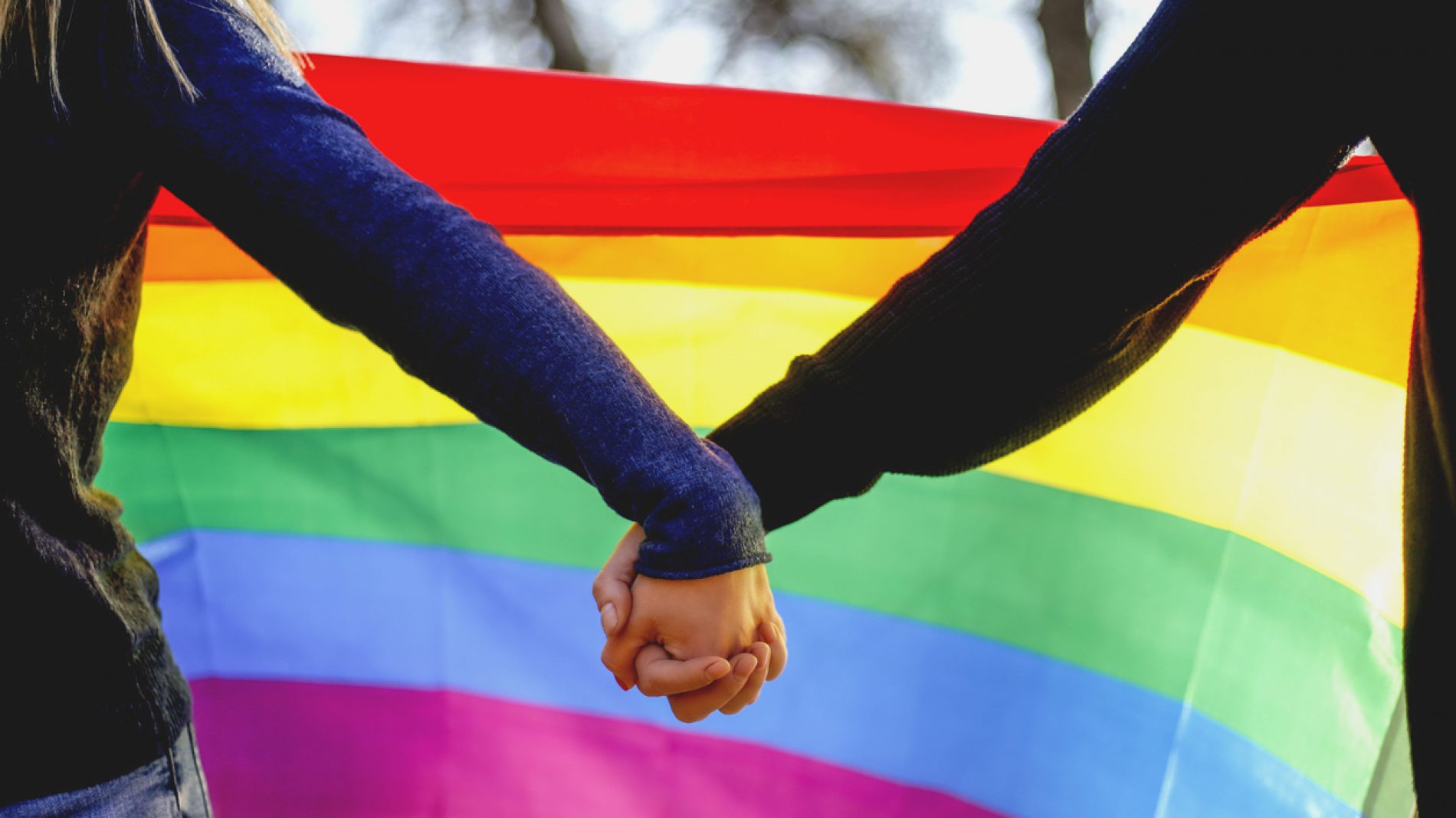 Two lesbian girls holding hands and rainbow flag