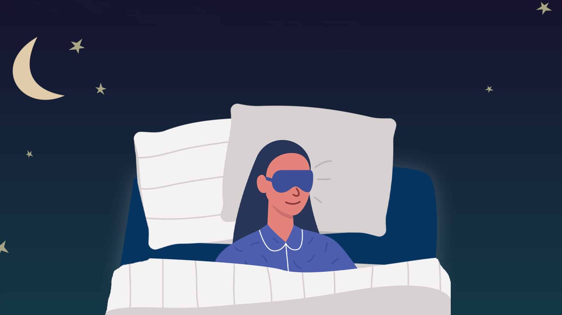 Illustration of a woman in bed with an eyemask on getting a good night's sleep