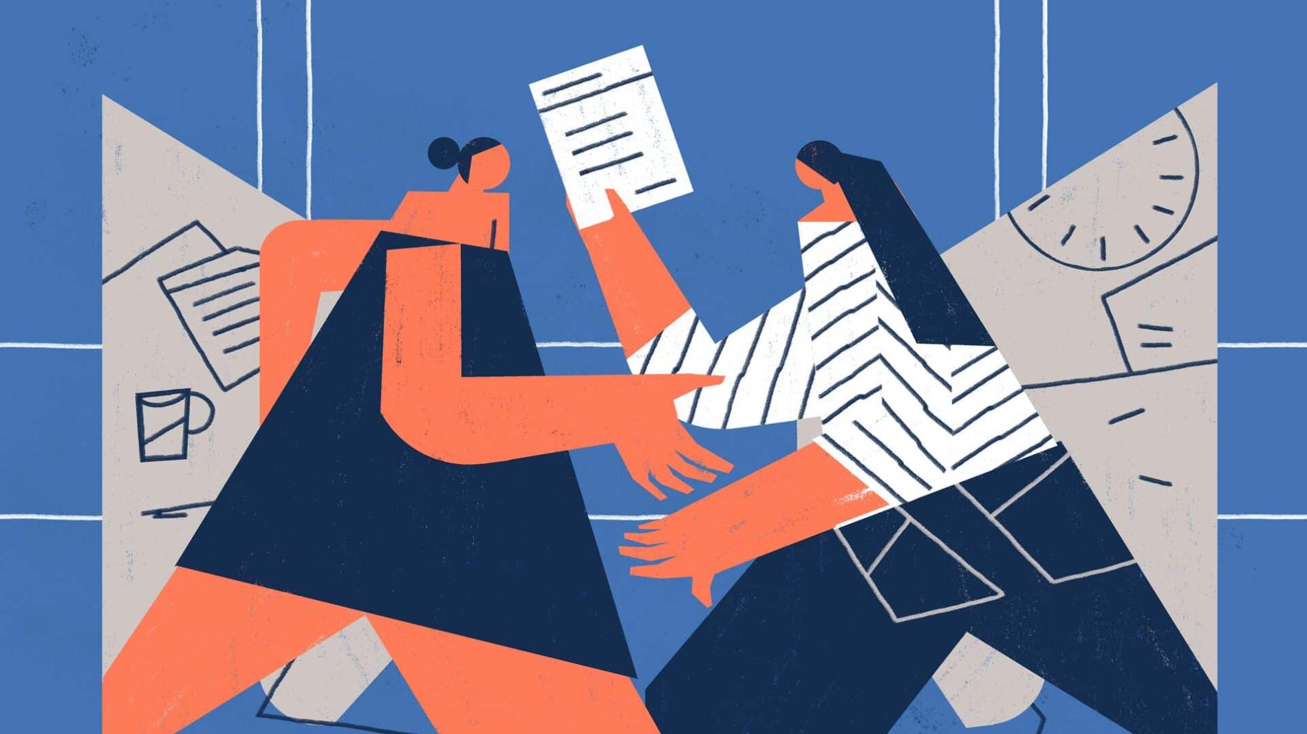 Illustration of a person handing a cv or resume to someone else
