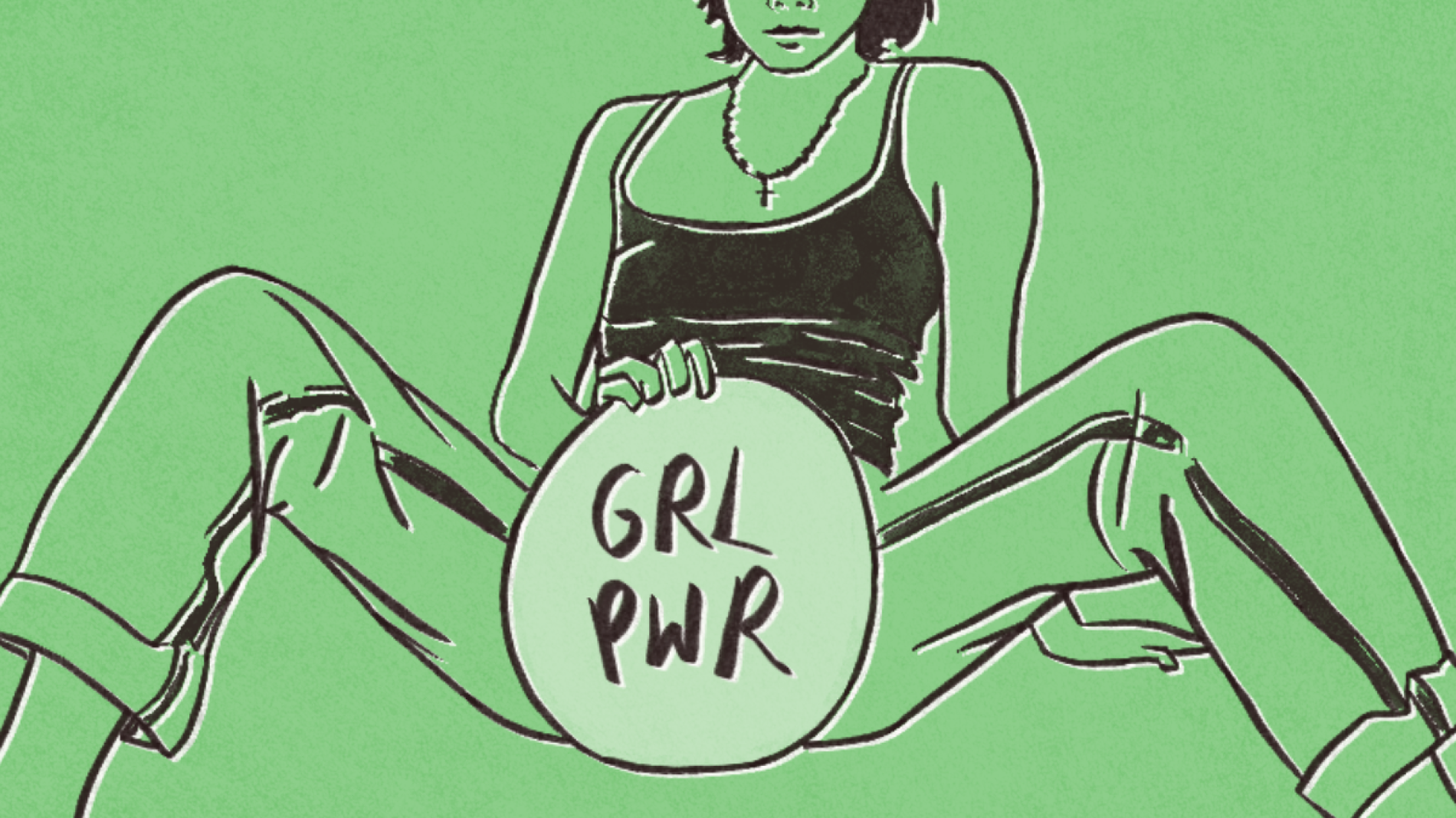 an illustration of a femine figure, cut off at the neck, they are holding a mirror with the words 'GRL PWR' written on it