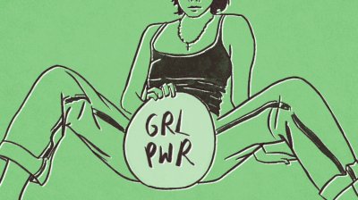 an illustration of a femine figure, cut off at the neck, they are holding a mirror with the words 'GRL PWR' written on it