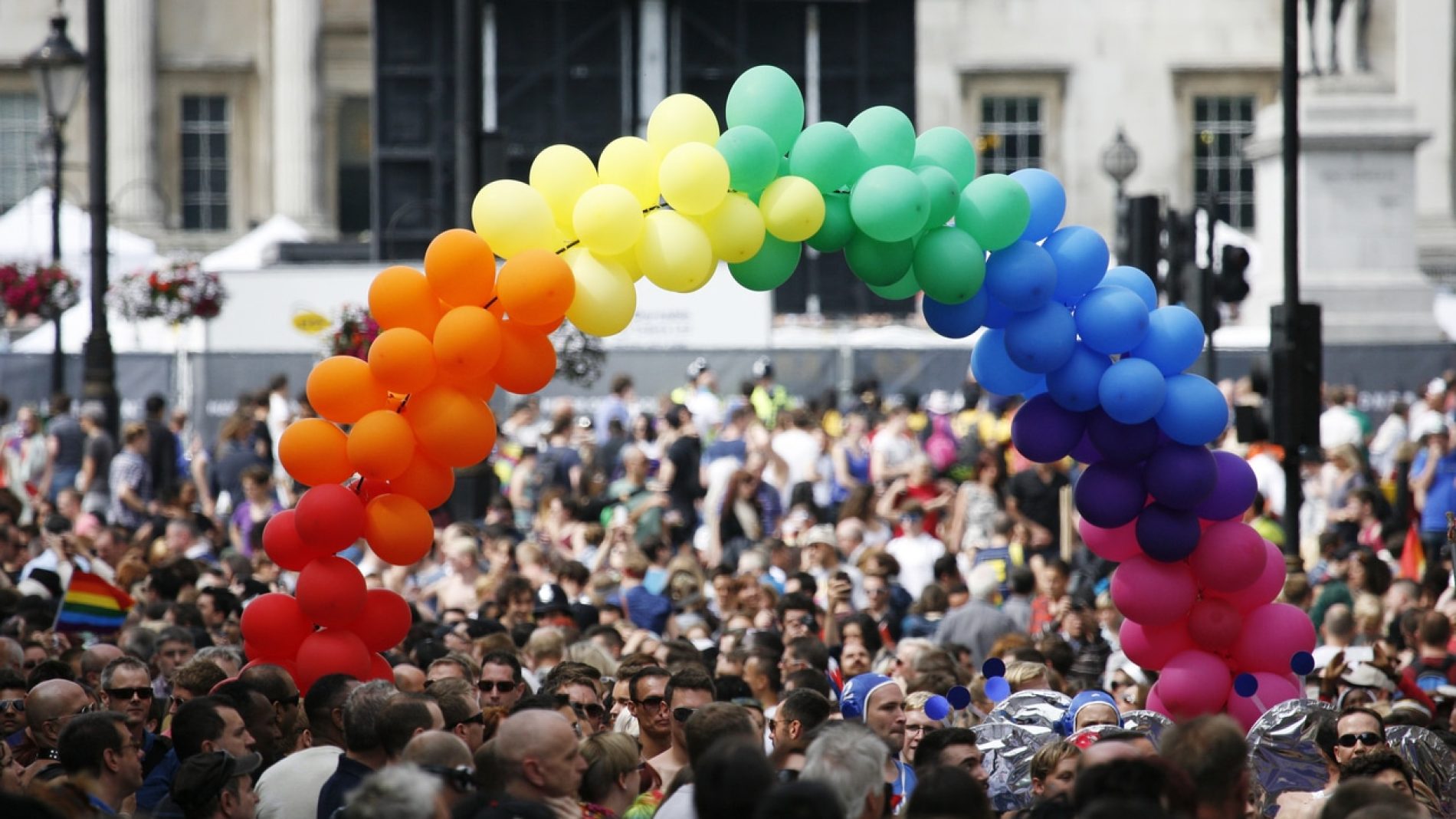 Rainbow balloons at a pride parade
