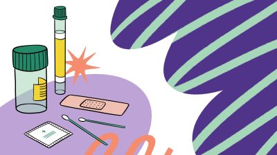 illustration of free STI testing equipment such as swabs, plasters, collection cups and wipes