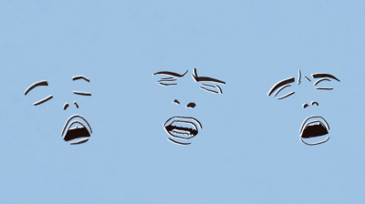 The orgasm face of three people is outlined in a pencil drawing against a blue background | performative sex