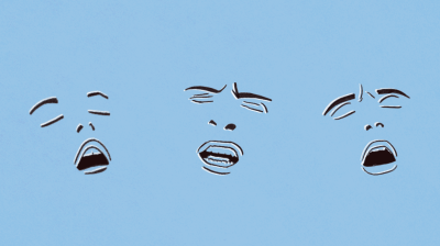 The orgasm face of three people is outlined in a pencil drawing against a blue background | performative sex