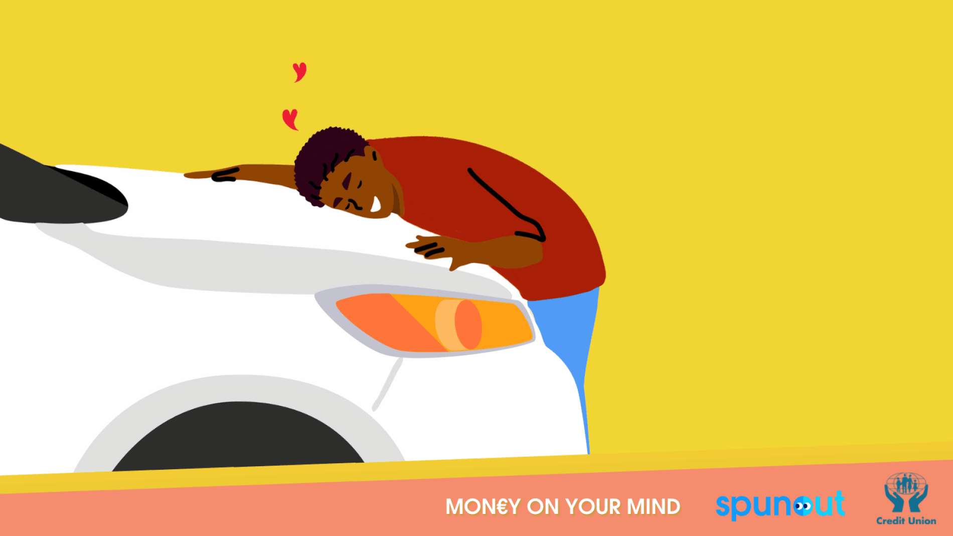 Illustration of a person hugging the bonnet of a car