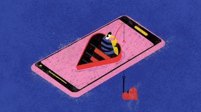 Illustration of a person sitting on a giant mobile phone fishing for a heart - lonely online