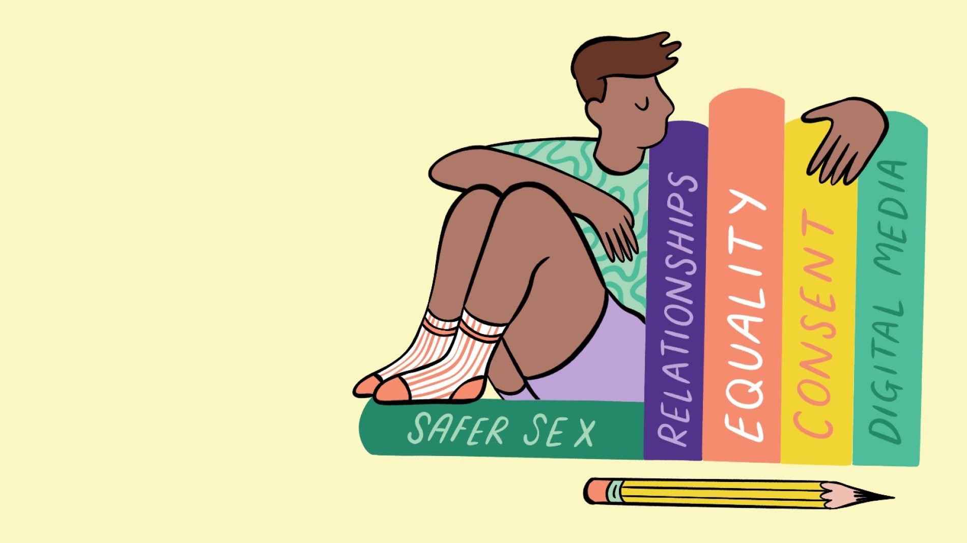 a masculine person sits beside books titled 'safer sex', 'relationships', 'equlaity', 'consent', 'digital media' all topics on new sex education ireland programme