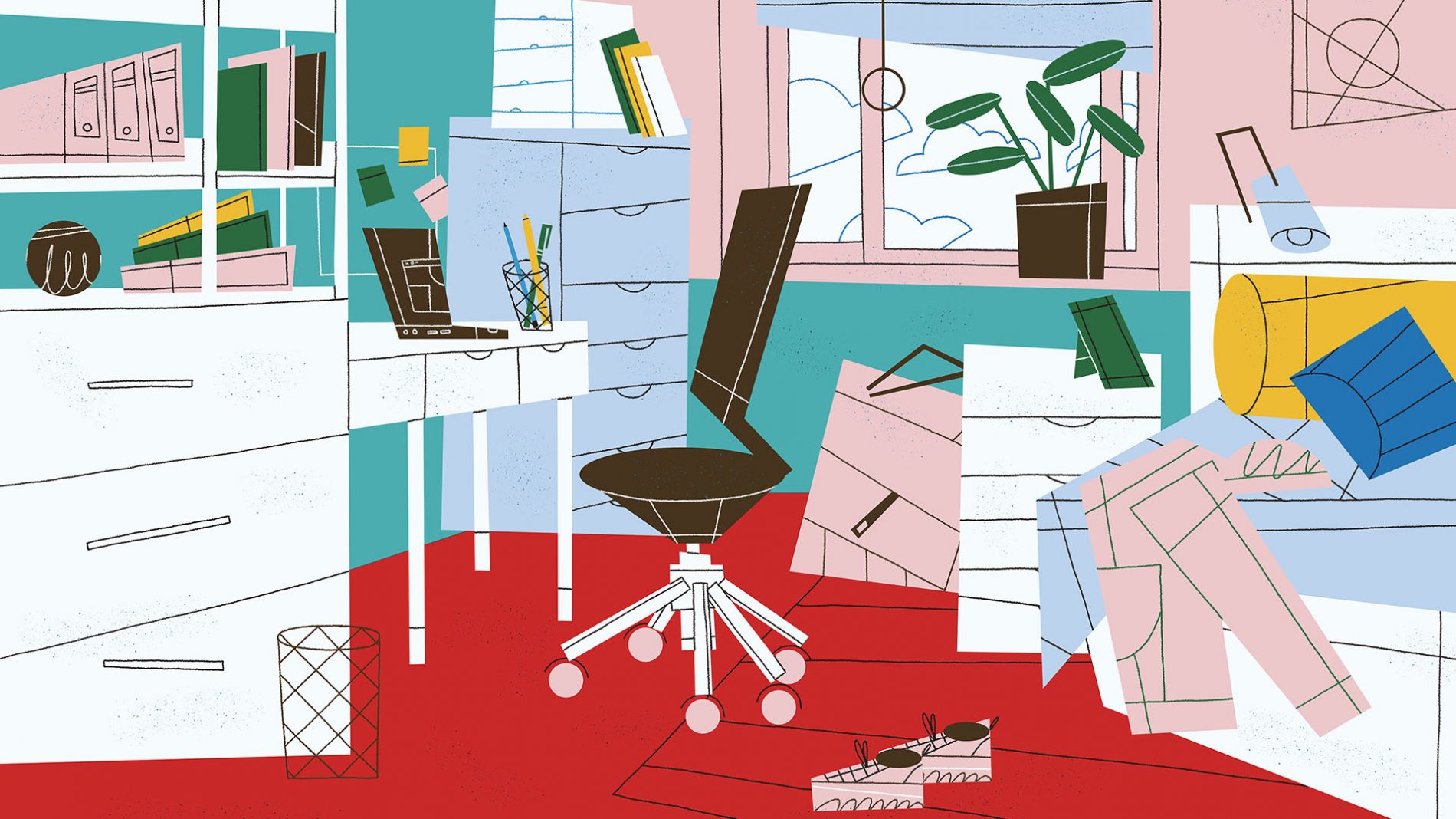 Illustration of a slightly untidy room with clothes on the bed, shoes on the floor and a laptop on a desk - renting