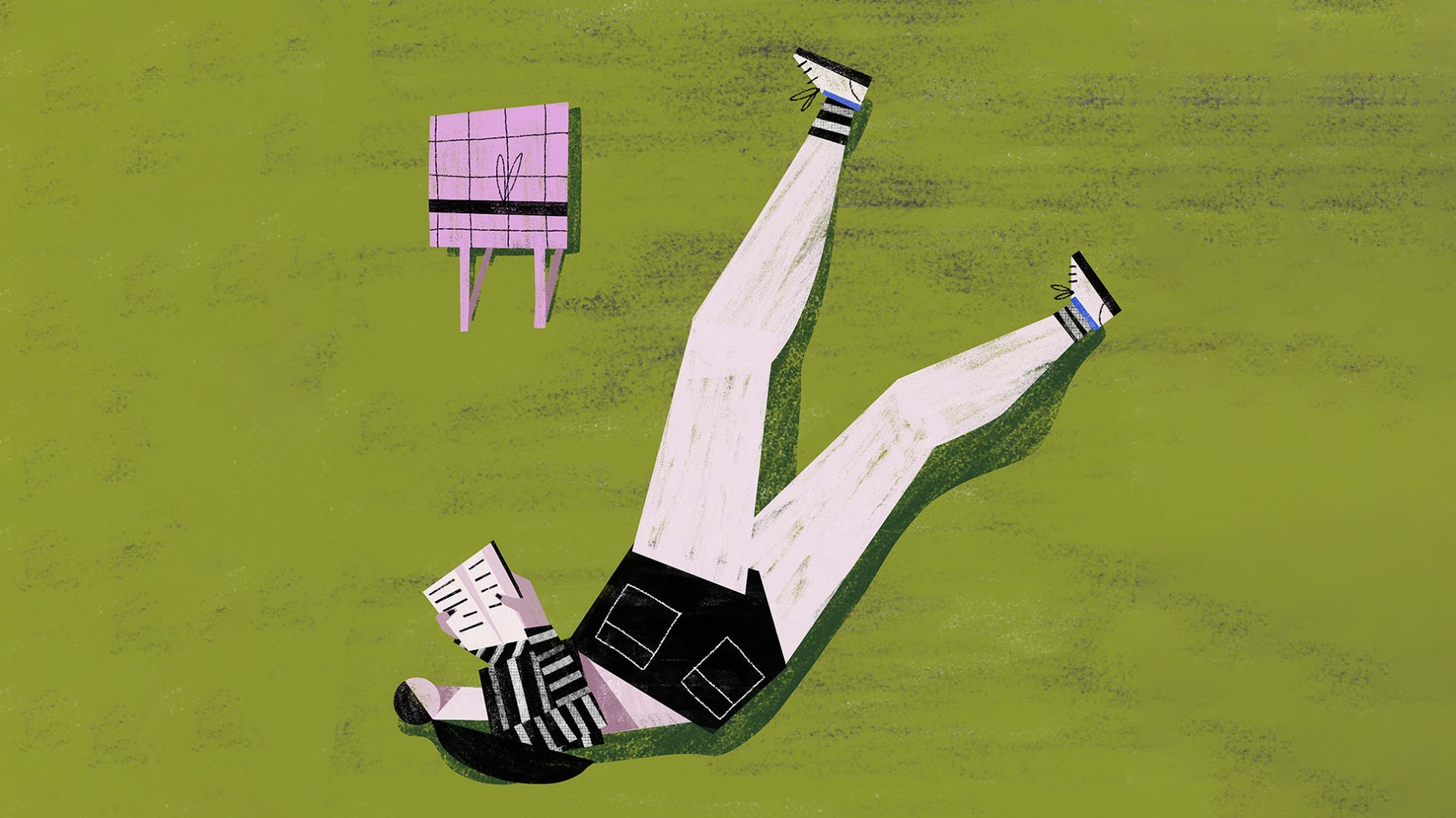 Illustration of a person lying on the grass reading a book - living with self-harm scars