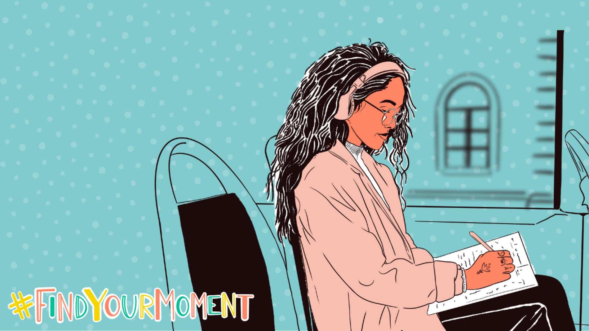 Illustration of a person sitting at a desk with a notepad and listening to music