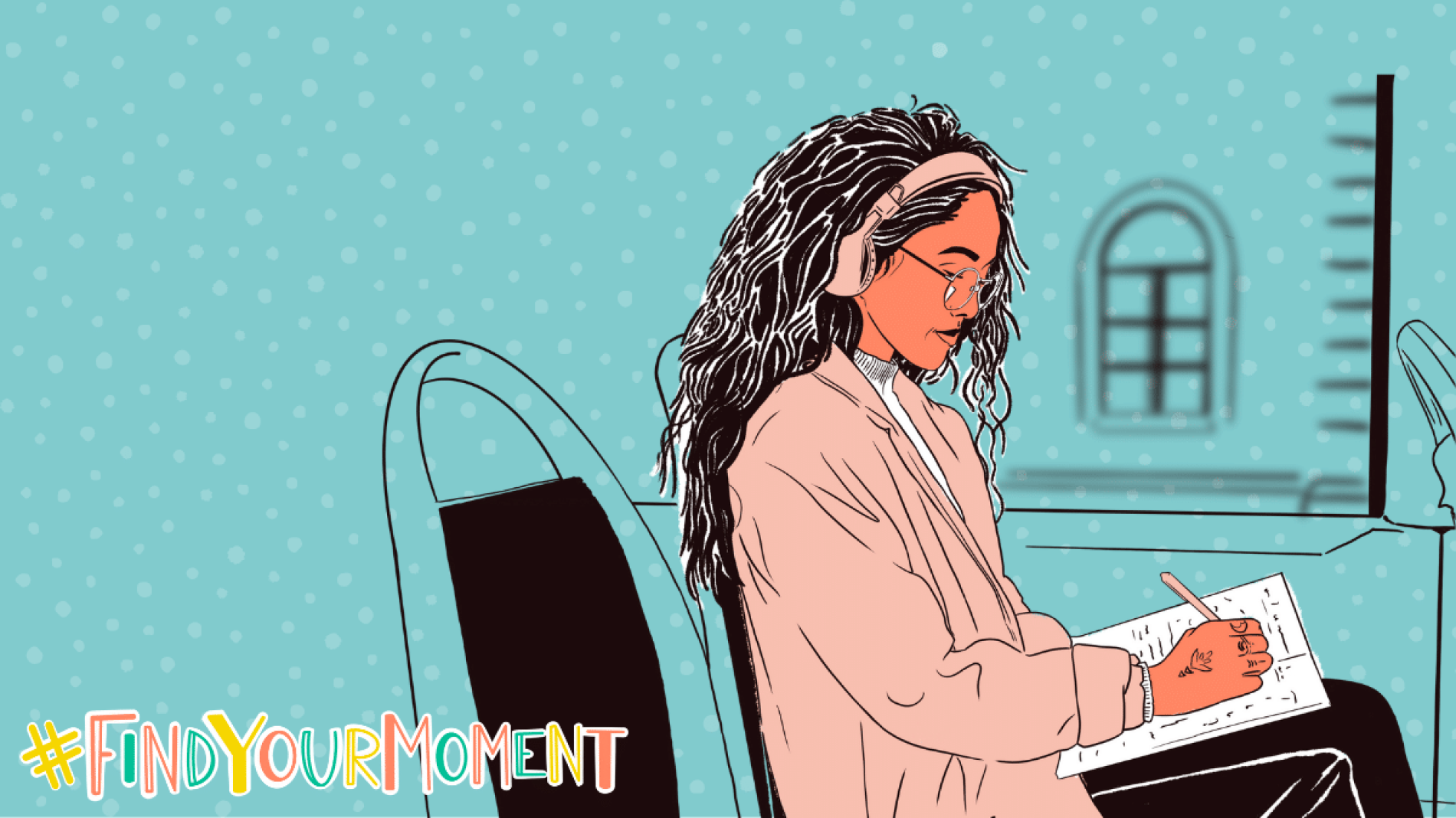 Illustration of a person sitting at a desk with a notepad and listening to music