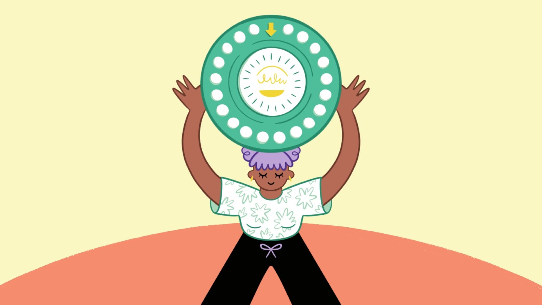 a feminine person holds a contraceptive mini pill box above their head