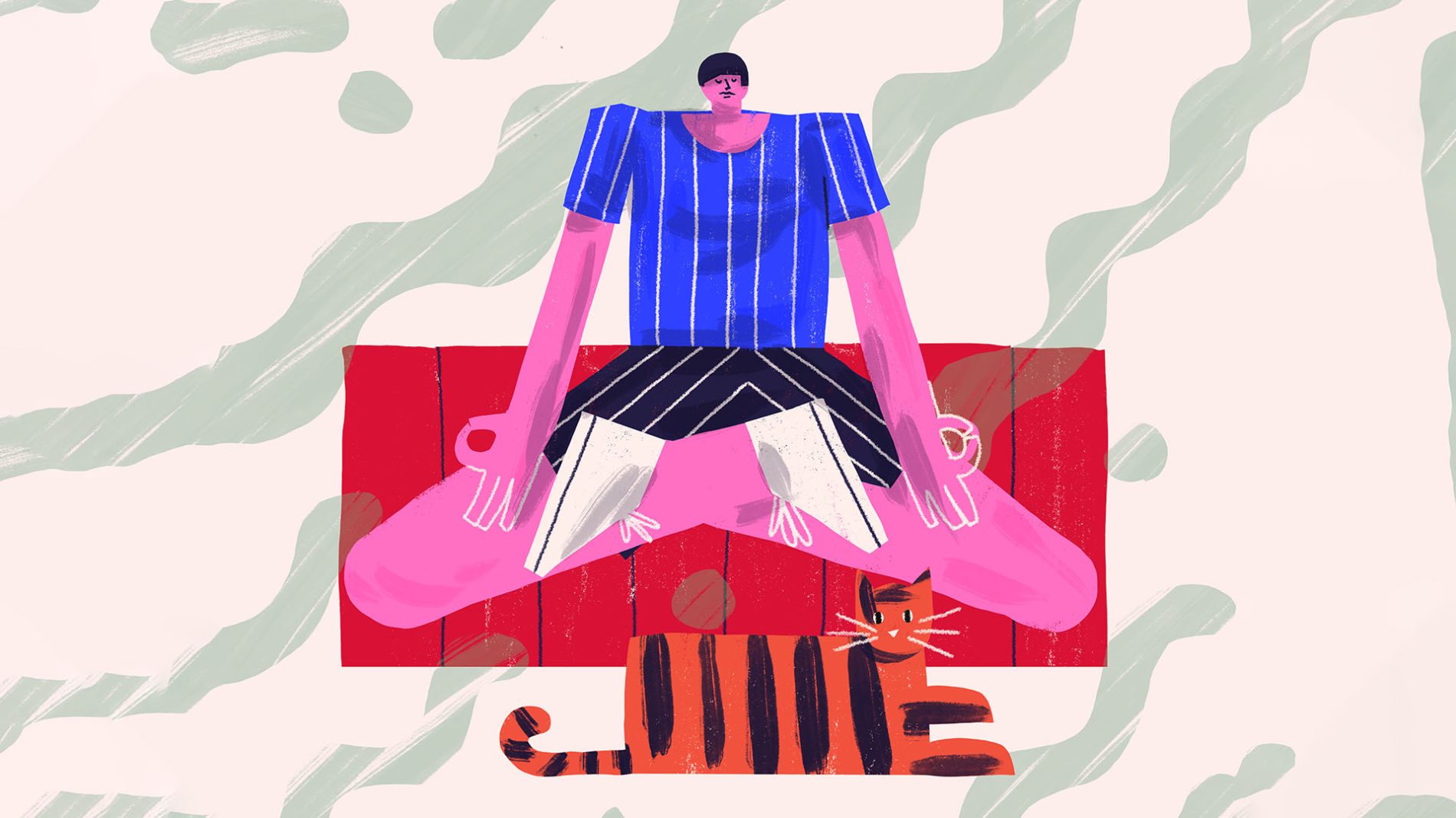 Illustration of a person sitting cross-legged on a rug while meditating with a cat beside them - dealing with stress