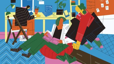 illustration of three people working and relaxing in an office - summer job